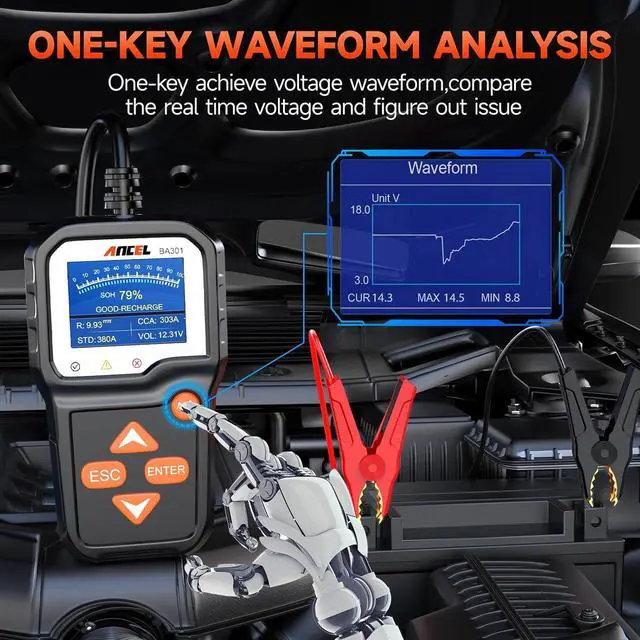 Alt view image 3 of 7 - BA301 6V 12V Car Battery Tester, 100-2000 CCA Automotive Load Tester Alternator Tester Auto Digital Battery Analyzer Cranking and Charging System Test Tool for Motorcycle Car Boat Truck SUV ATV