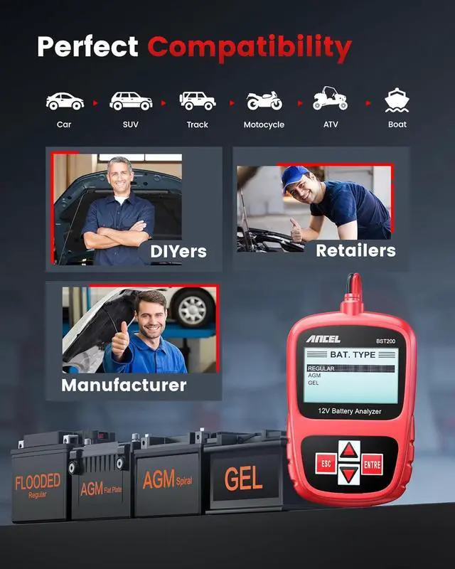 Alt view image 5 of 7 - BST200 Car Battery Tester 12V 100-1100 CCA Automotive Bad Cell Load Test Tool Digital Analyzer Tester for Car Truck Motorcycle SUV Boat and More
