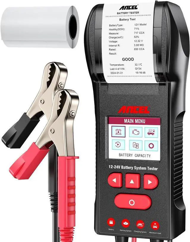 Main image of BST600 Car Battery Tester with Printer - 12V/24V, 100-2000 CCA, Digital Auto Battery Load Tester - Cranking and Charging System Test for Heavy Duty Truck, Marine, Motorcycles, RVs, SUVs, Boats