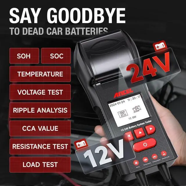 Alt view image 3 of 7 - BST600 Car Battery Tester with Printer - 12V/24V, 100-2000 CCA, Digital Auto Battery Load Tester - Cranking and Charging System Test for Heavy Duty Truck, Marine, Motorcycles, RVs, SUVs, Boats