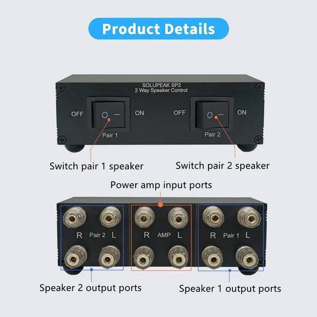 Alt view image 4 of 7 - Premium 2 Zone Speaker Selector Switch Box, 2 Way Stereo Audio Speaker Switcher Distribution Box for Multi-Channel High Powered Amp A B Switches -SOLUPEAK SP2