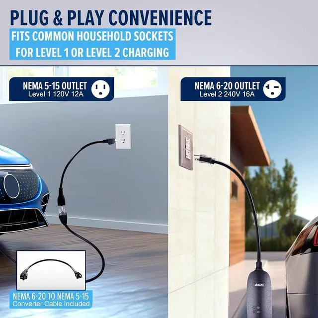 Alt view image 3 of 6 - Level 1 & 2 EV Charger - 110-240V at 16 Amps - Portable Electric Vehicle EV Charger with NEMA 6-20 with NEMA 5-15 Adapter Plug for J1772 Electric Cars