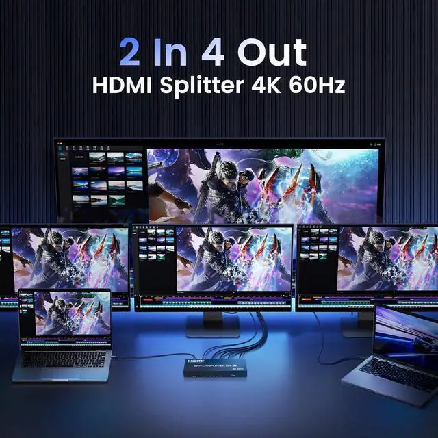 Alt view image 2 of 7 - 4K@60Hz HDMI Switch Splitter 2 in 4 Out with Remote, avedio Links 2x4 HDMI Splitter Switcher 4K with SPDIF & 3.5mm Audio,Support 4K,3D,1080p,HDCP2.2,HDR 10 for PS5/4,Xbox,Fire Stick,etc