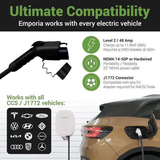 Alt view image 2 of 7 - Level 2 EV Charger - NEMA 14-50 EVSE w/ J1772 Charger - 48 amp EV Charger Level 2, 240v WiFi Enabled Electric Vehicle Charging Station, 24ft Electric Car Charger Cable, White