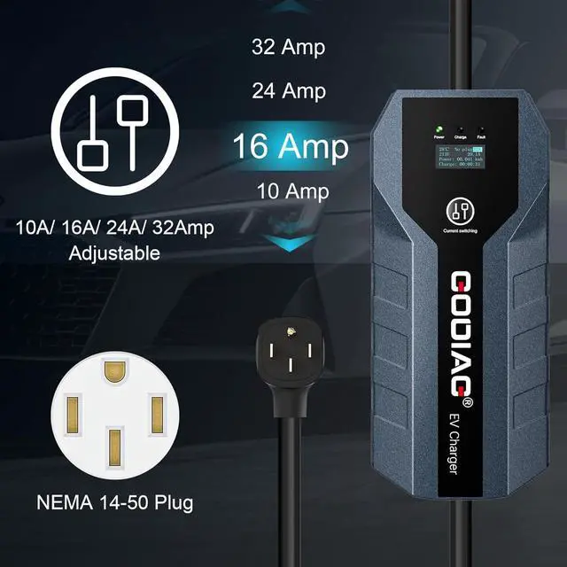Alt view image 3 of 7 - Level 1+2 EV Charger - ETL Certified, 110V-240V, 16 Amp, 20ft Cable, Portable Electric Car Charger with NEMA 6-20 & NEMA 5-15 Plug for J1772 EVs and PHEVs