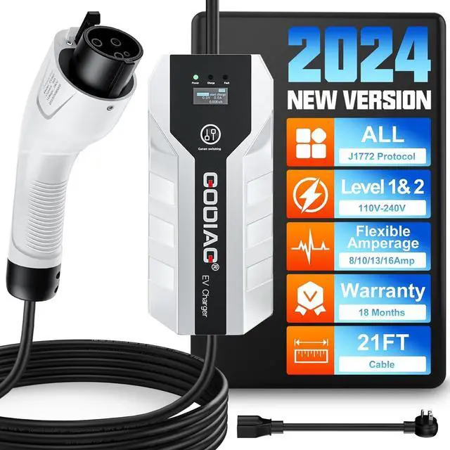 Main image of Portable EV Charger Level 1+2, 8/10/13/16 Amp Adjustable Electric Car Charger, 110V-240V 3.5KW 20 ft Plug-in Hybrid EV Charger