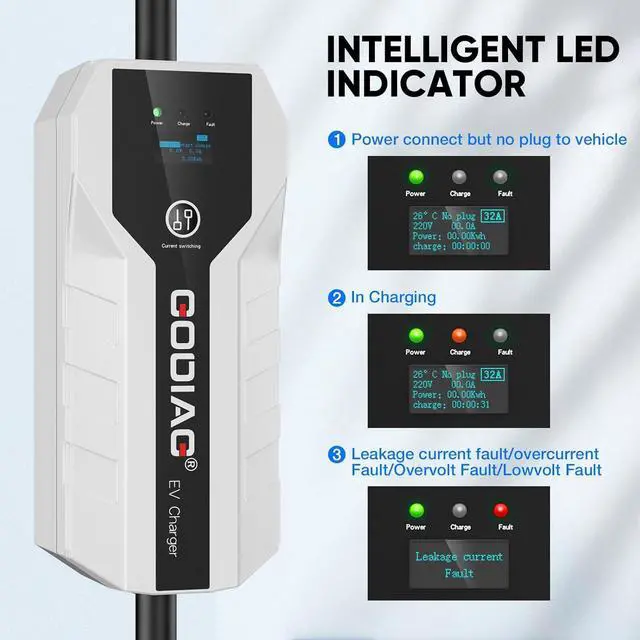 Alt view image 7 of 7 - Portable EV Charger Level 1+2, 8/10/13/16 Amp Adjustable Electric Car Charger, 110V-240V 3.5KW 20 ft Plug-in Hybrid EV Charger