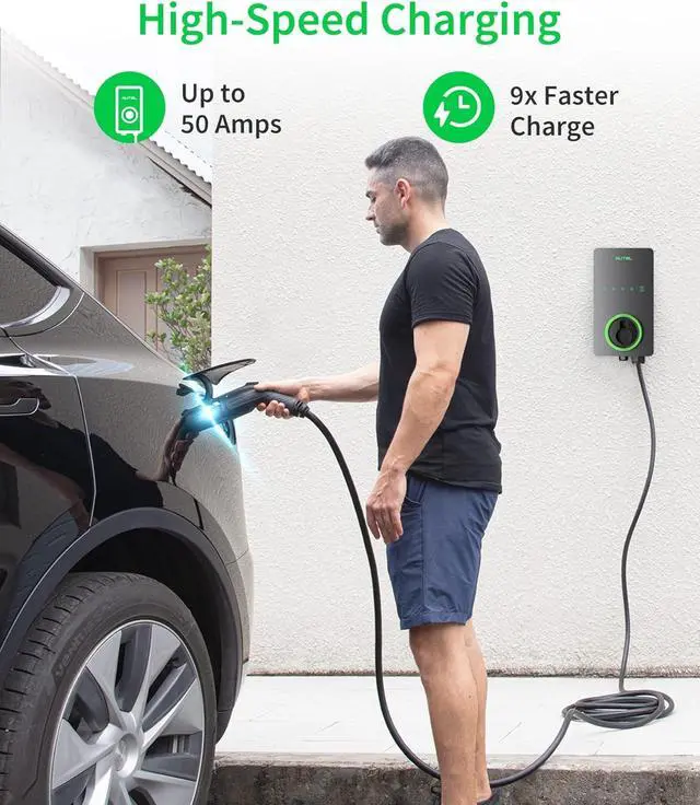 Alt view image 2 of 7 - Home Smart Electric Vehicle (EV) Charger up to 50Amp, 240V, Indoor/Outdoor Car Charging Station with Level 2, Wi-Fi and Bluetooth Enabled EVSE, Hardwired,25-Foot Cable,Sierra Blue