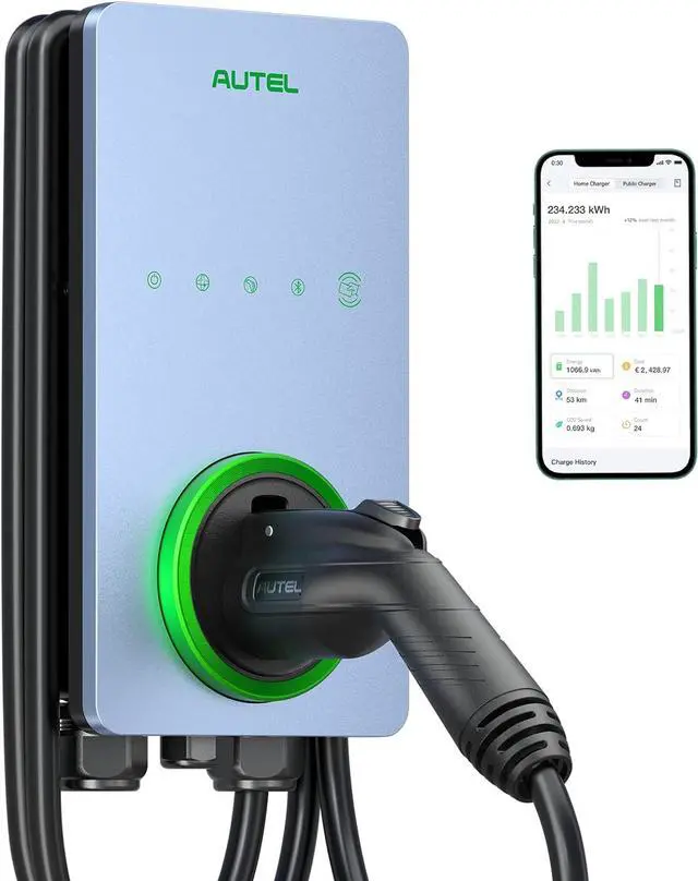 Alt view image 7 of 7 - Home Smart Electric Vehicle (EV) Charger up to 50Amp, 240V, Indoor/Outdoor Car Charging Station with Level 2, Wi-Fi and Bluetooth Enabled EVSE, Hardwired,25-Foot Cable,Sierra Blue