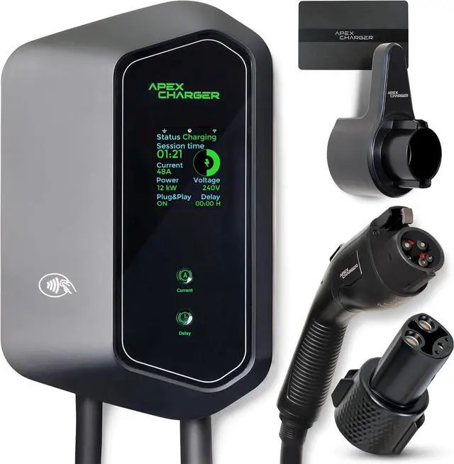 Main image of Fast 48 Amp Level 2 EV Charger, Wall-Mount Electric Vehicle Charging Station, 200-240V Hardwire or NEMA 14-50. J1772 car Connector & Tesla NACS, Indoor/Outdoor, 30ft Cable evse Adapter