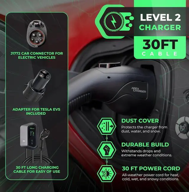 Alt view image 2 of 7 - Fast 48 Amp Level 2 EV Charger, Wall-Mount Electric Vehicle Charging Station, 200-240V Hardwire or NEMA 14-50. J1772 car Connector & Tesla NACS, Indoor/Outdoor, 30ft Cable evse Adapter