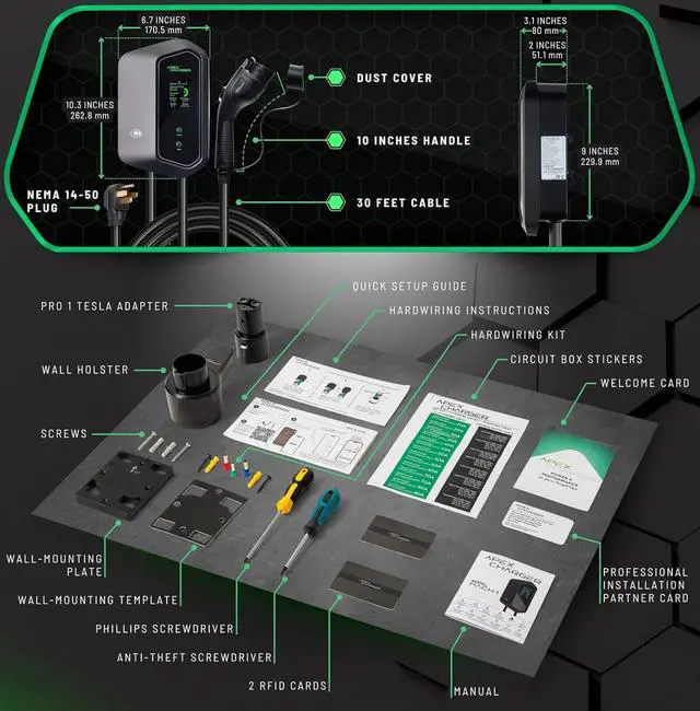 Alt view image 5 of 7 - Fast 48 Amp Level 2 EV Charger, Wall-Mount Electric Vehicle Charging Station, 200-240V Hardwire or NEMA 14-50. J1772 car Connector & Tesla NACS, Indoor/Outdoor, 30ft Cable evse Adapter