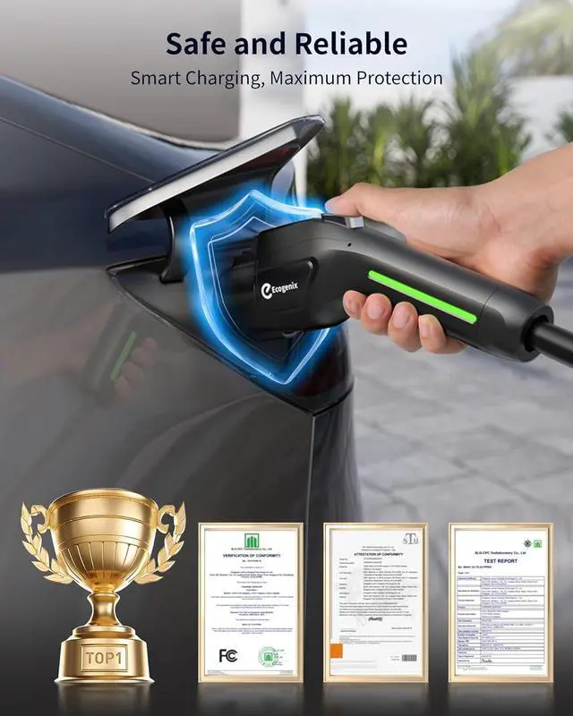 Alt view image 7 of 7 - Fiber Level 1+2 EV Charger (16Amp, 110V-240V, 25ft Cable) Portable Fast Charger with Holder, NEMA 6-20P, Works with All J1772 EV and Hybrid Vehicles, for Home and Outdoor, Black, Ecogenix EC23