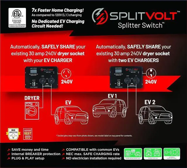 Alt view image 2 of 5 - NEMA 14-30, 240V, 24 Amp Splitter Switch - Save Thousands on Home Electric Vehicle Charging (EV) Install, cETLus Certified, Charge Two EVs, Plug and Play by DT
