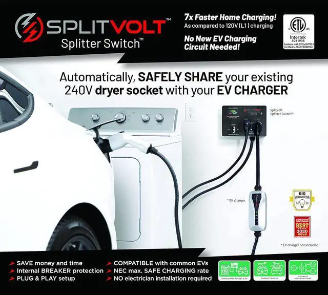 Alt view image 5 of 5 - NEMA 14-30, 240V, 24 Amp Splitter Switch - Save Thousands on Home Electric Vehicle Charging (EV) Install, cETLus Certified, Charge Two EVs, Plug and Play by DT