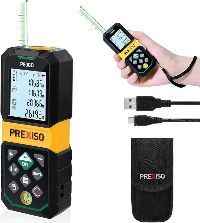 Main image of Laser Measure Rechargeable, 265Ft Green Beam Laser Measurement Tool with Angle Sensor& 30 Sets Data Storage &1/4"-20 Threaded Hole - Ft/Ft+in/in/M Units - Pythagorean Mode, Area, Volume