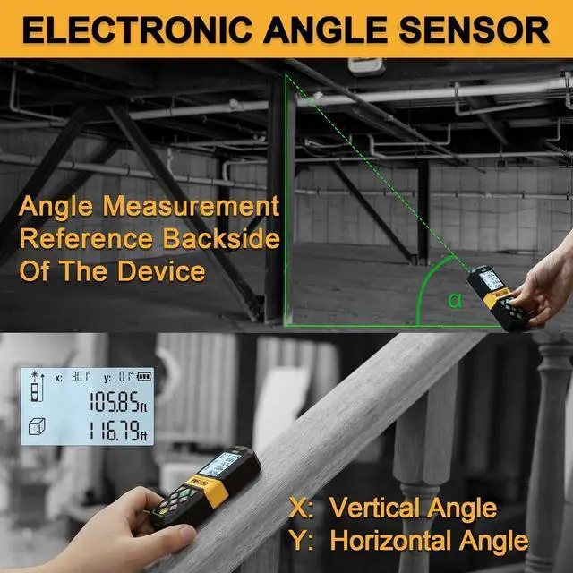 Alt view image 3 of 7 - Laser Measure Rechargeable, 265Ft Green Beam Laser Measurement Tool with Angle Sensor& 30 Sets Data Storage &1/4"-20 Threaded Hole - Ft/Ft+in/in/M Units - Pythagorean Mode, Area, Volume