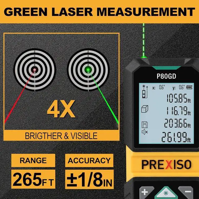 Alt view image 4 of 7 - Laser Measure Rechargeable, 265Ft Green Beam Laser Measurement Tool with Angle Sensor& 30 Sets Data Storage &1/4"-20 Threaded Hole - Ft/Ft+in/in/M Units - Pythagorean Mode, Area, Volume