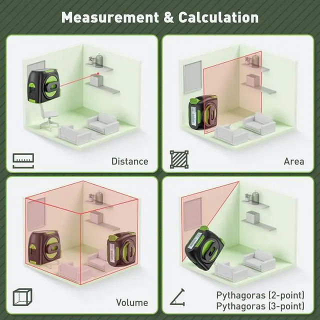 Alt view image 3 of 7 - 2-in-1 Laser Tape Measure, 197Ft Rechargeable Laser Measurement Tool & 16Ft. Measure Tape with Backlit LCD & Movable Hook -Pythagorean, Area, Volume, M/in/Ft Unit Switch Digital Distance Meter