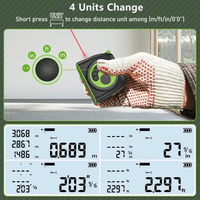 Alt view image 5 of 7 - 2-in-1 Laser Tape Measure, 197Ft Rechargeable Laser Measurement Tool & 16Ft. Measure Tape with Backlit LCD & Movable Hook -Pythagorean, Area, Volume, M/in/Ft Unit Switch Digital Distance Meter
