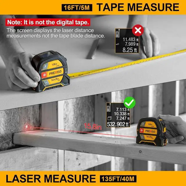 Alt view image 2 of 7 - 2-in-1 Laser Tape Measure - NOT DIGITAL TAPE - 135Ft Rechargeable Laser Measurement Tool & 16Ft Measuring Tape Movable Magnetic Hook - Pythagorean, Area, Volume, Ft/Ft+in/in/M Unit-NOT Digital
