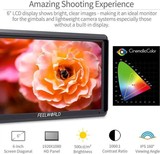 Alt view image 3 of 7 - S55 6 inch Camera DSLR Field Monitor Small Full HD 1920x1080 IPS LUT Video Peaking Focus Assist with 4K HDMI 8.4V DC Input Output Include Tilt Arm