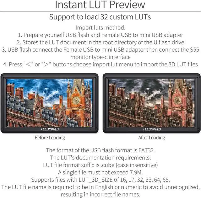 Alt view image 4 of 7 - S55 6 inch Camera DSLR Field Monitor Small Full HD 1920x1080 IPS LUT Video Peaking Focus Assist with 4K HDMI 8.4V DC Input Output Include Tilt Arm
