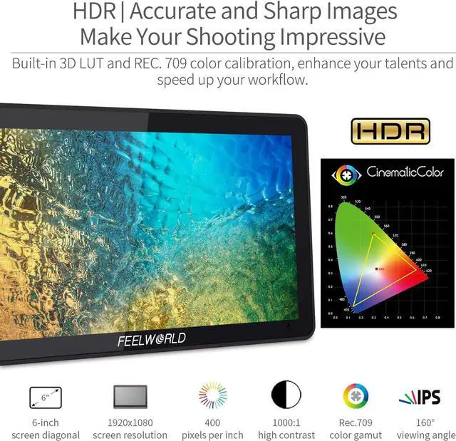 Alt view image 2 of 7 - F6 Plus V2 6 inch DSLR Camera Field Touch Screen Monitor with HDR 3D Lut Small Full HD 1920x1080 IPS Video Peaking Focus Assist 4K HDMI 8.4V DC Input Output Include Tilt Arm