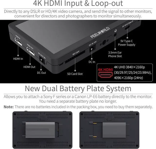 Alt view image 5 of 7 - F6 Plus V2 6 inch DSLR Camera Field Touch Screen Monitor with HDR 3D Lut Small Full HD 1920x1080 IPS Video Peaking Focus Assist 4K HDMI 8.4V DC Input Output Include Tilt Arm