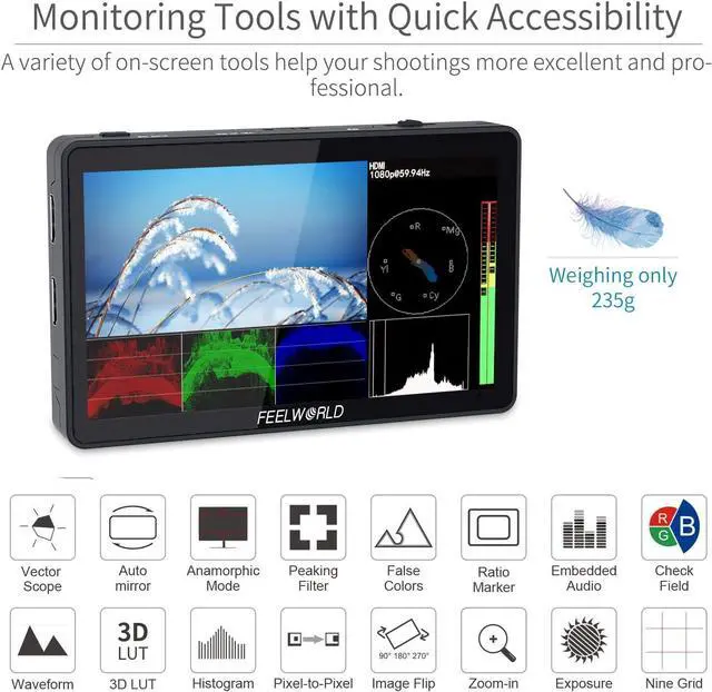 Alt view image 7 of 7 - F6 Plus V2 6 inch DSLR Camera Field Touch Screen Monitor with HDR 3D Lut Small Full HD 1920x1080 IPS Video Peaking Focus Assist 4K HDMI 8.4V DC Input Output Include Tilt Arm