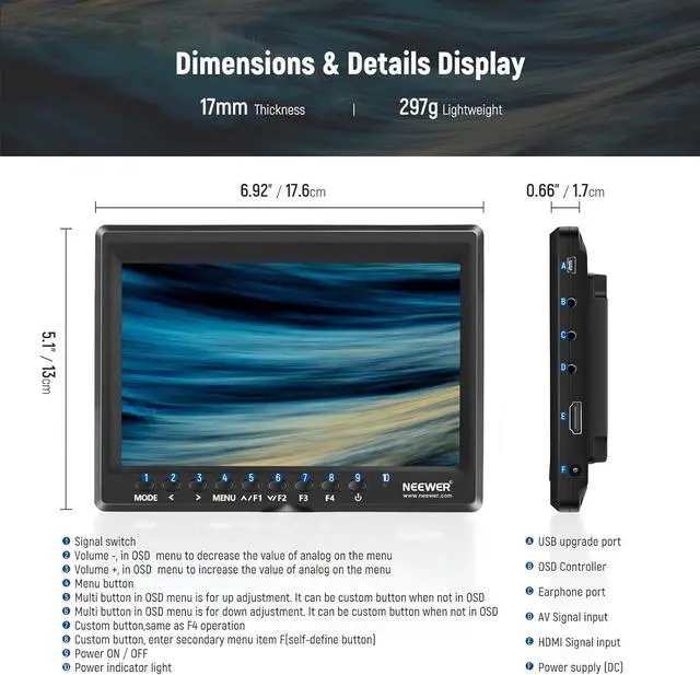 Alt view image 2 of 7 - Upgraded F100 7 Inch Camera Field Monitor HD Video Assist Slim IPS 1280x800 HDMI Input 1080p with 2600mAh Battery & USB Charger for DSLR Cameras, Handheld Stabilizer, Film Video Making Rig