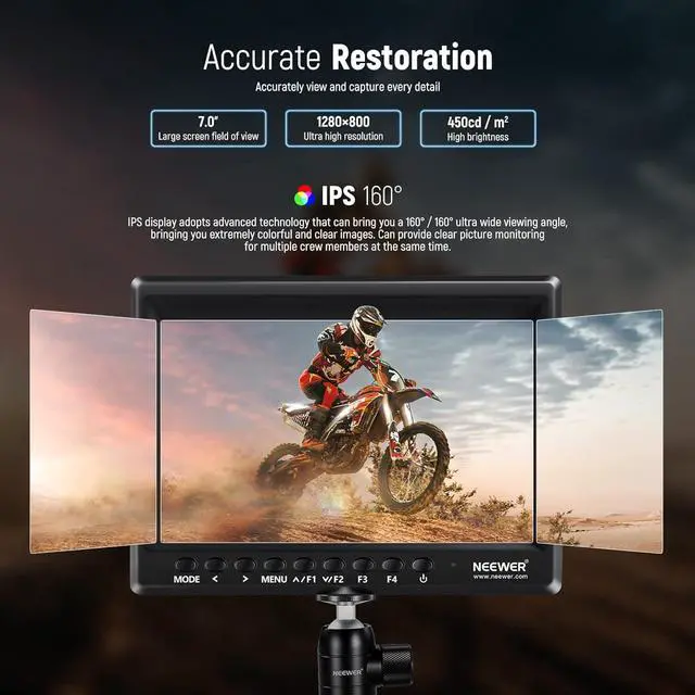 Alt view image 3 of 7 - Upgraded F100 7 Inch Camera Field Monitor HD Video Assist Slim IPS 1280x800 HDMI Input 1080p with 2600mAh Battery & USB Charger for DSLR Cameras, Handheld Stabilizer, Film Video Making Rig