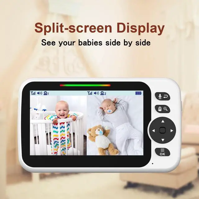 Alt view image 2 of 7 - Baby Monitor,5" Large Split-Screen Video Baby Monitor with 2 Cameras and Audio, Remote Pan/Tilt/Zoom, Two-Way Talk, Room Temperature Monitor, Auto Night Vision, Power Saving/Vox