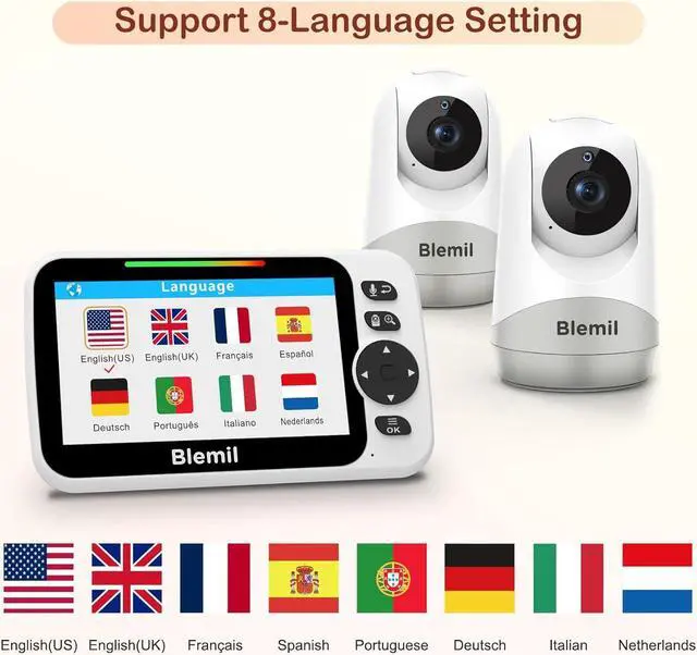Alt view image 3 of 7 - Baby Monitor,5" Large Split-Screen Video Baby Monitor with 2 Cameras and Audio, Remote Pan/Tilt/Zoom, Two-Way Talk, Room Temperature Monitor, Auto Night Vision, Power Saving/Vox