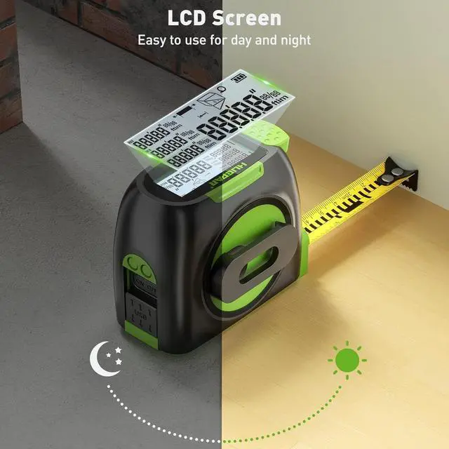 Alt view image 4 of 7 - 2-in-1 Laser Tape Measure, 197Ft Rechargeable Laser Measurement Tool & 16Ft. Measure Tape with Backlit LCD & Movable Hook -Pythagorean, Area, Volume, M/in/Ft Unit Switch Digital Distance Meter