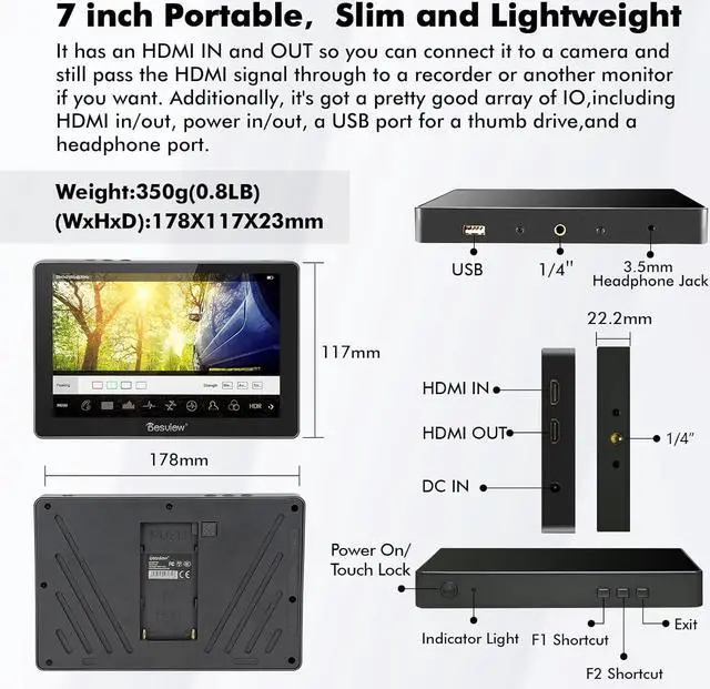 Alt view image 2 of 7 - R705 Camera Field Monitor, 7 inch Touch Screen Field Monitor Full HD 1920x1200IPS 4K HDMI with 3D LUT Waveform Peaking Focus Assist Video Monitor for DSLR