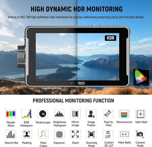 Alt view image 3 of 7 - DC-550 Pro 5.5 inch Camera Field Monitor, 4K HDMI Touchscreen DSLR Camera Monitor with Battery Sunshade Hood, 1200 Nits 3D Lut 1920X1080 HD Focus Peaking Assist On Camera Video Monitor