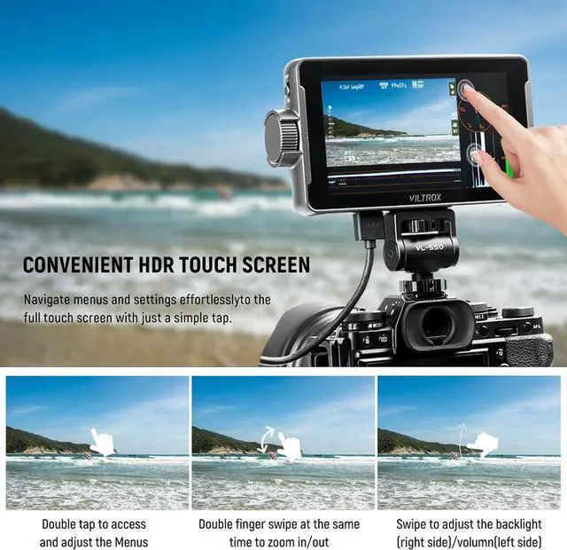Alt view image 4 of 7 - DC-550 Pro 5.5 inch Camera Field Monitor, 4K HDMI Touchscreen DSLR Camera Monitor with Battery Sunshade Hood, 1200 Nits 3D Lut 1920X1080 HD Focus Peaking Assist On Camera Video Monitor