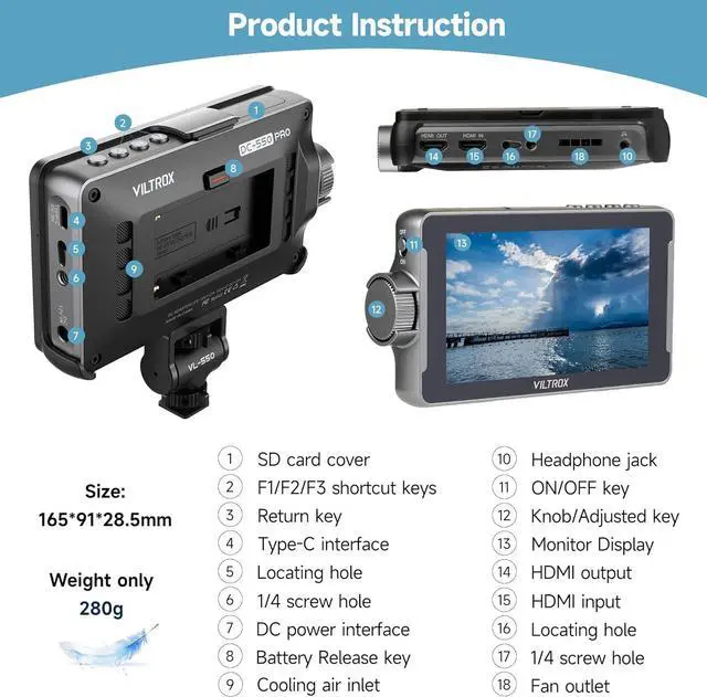 Alt view image 6 of 7 - DC-550 Pro 5.5 inch Camera Field Monitor, 4K HDMI Touchscreen DSLR Camera Monitor with Battery Sunshade Hood, 1200 Nits 3D Lut 1920X1080 HD Focus Peaking Assist On Camera Video Monitor
