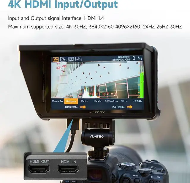 Alt view image 7 of 7 - DC-550 Pro 5.5 inch Camera Field Monitor, 4K HDMI Touchscreen DSLR Camera Monitor with Battery Sunshade Hood, 1200 Nits 3D Lut 1920X1080 HD Focus Peaking Assist On Camera Video Monitor