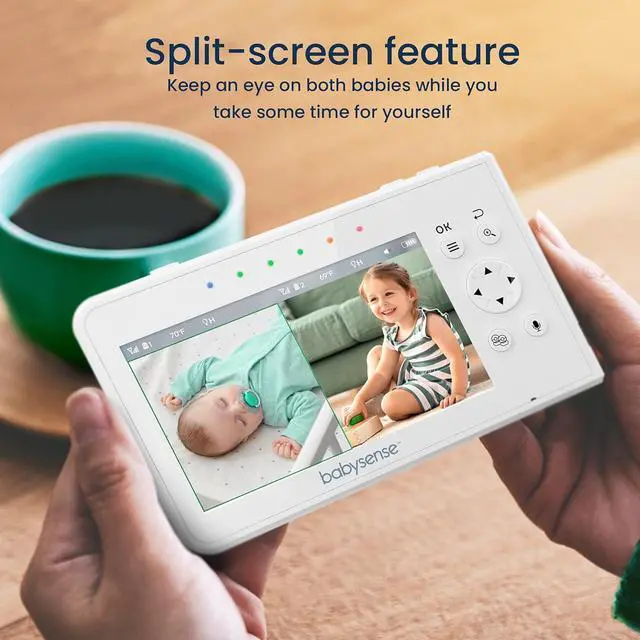 Alt view image 2 of 7 - Baby Monitor with 2 Cameras and Audio 4.3", Non WiFi Baby Monitor, Dual Split Screen, Portable Double Sleep Video Monitor, Auto Night Vision & Light, Lullabies & White Noise, Two-Way Audio
