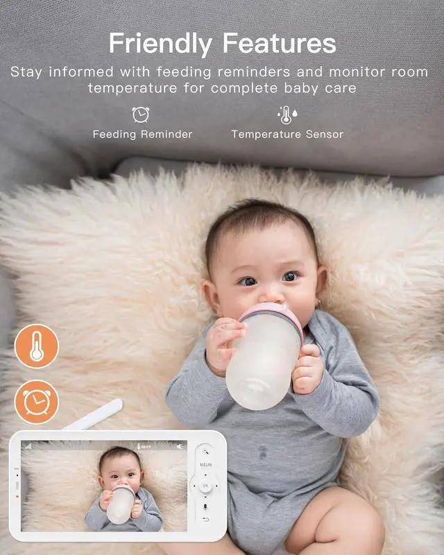Alt view image 6 of 7 - Video Baby Monitor with Camera and Audio, 5-inch Smart Baby Camera Monitor with Free Phone App, 1080P, VOX, PTZ, One-Touch Call, Temp Sensor, Lullaby, Night Vision, Auto Tracking, 2-Way Talk