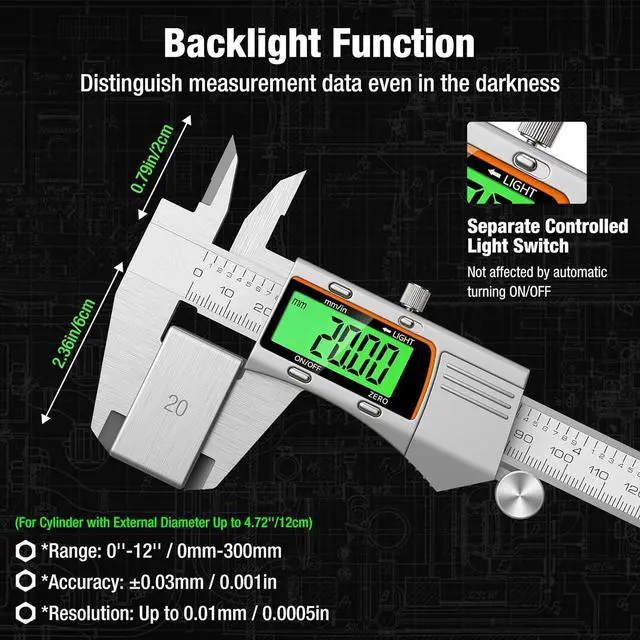 Alt view image 2 of 6 - Digital Caliper 12 inch 300mm Micrometer Caliper All Stainless Steel Electronic Diameter Measuring Tool with Large LCD Screen for Household/Jewelers/DIY