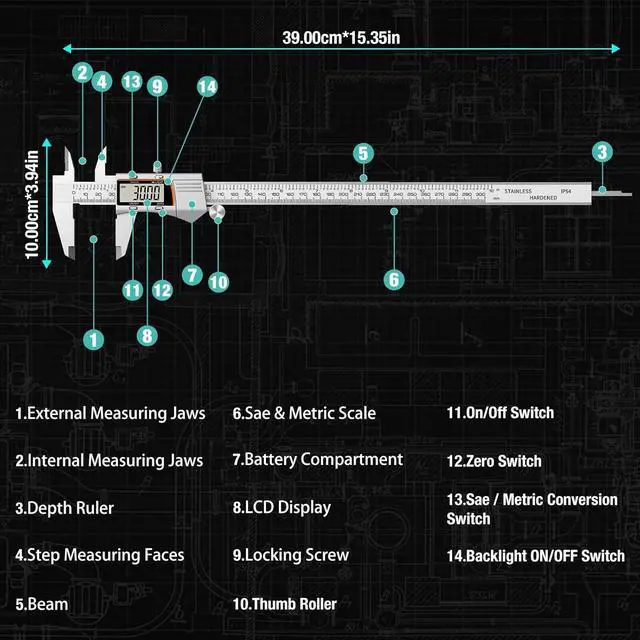 Alt view image 4 of 6 - Digital Caliper 12 inch 300mm Micrometer Caliper All Stainless Steel Electronic Diameter Measuring Tool with Large LCD Screen for Household/Jewelers/DIY