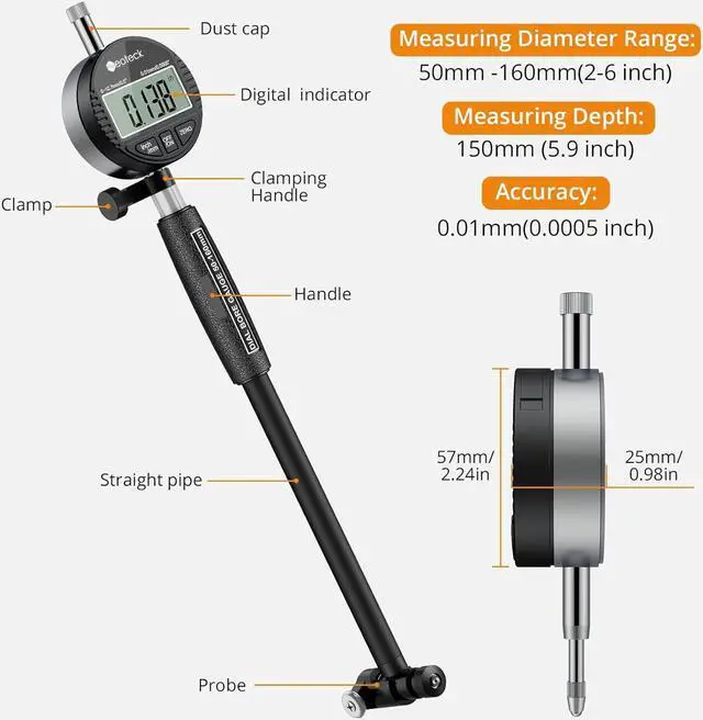 Alt view image 5 of 7 - Bore Gauge Set Digital Indicator Dial Bore Gauge (2-6"/0.0005") with Self-Centering Dial,Carbide Anvils, Insulated Grips for Deep Engine Cylinder Measurement-Black