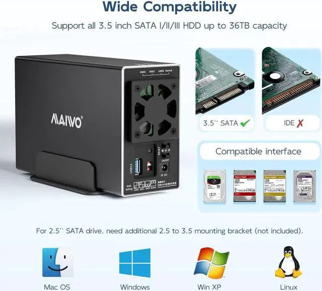Alt view image 3 of 7 - Dual Bay Hard Drive RAID Enclosure for 3.5 inch SATA HDD, RAID 0/1/JBOD/PM 5Gbps USB 3.0 to SATA Disk Adapter, 36TB Capacity, Aluminum External HDD Case