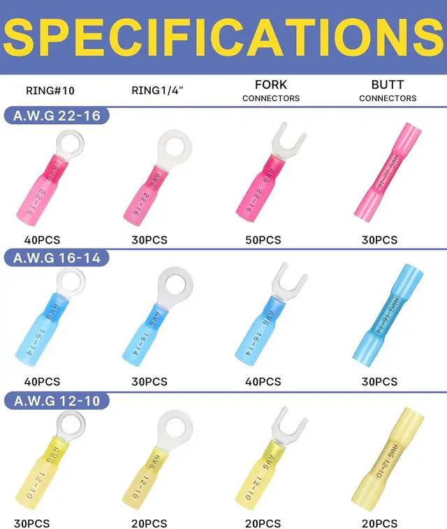 Alt view image 2 of 6 - 380PCS Marine Grade Heat Shrink Wire Connectors Set, 22-10 AWG Electrical Wire Connectors Kit,Ring Fork Butt Splice(3Color/12Size),with 9" Crimping Tools and Organizer