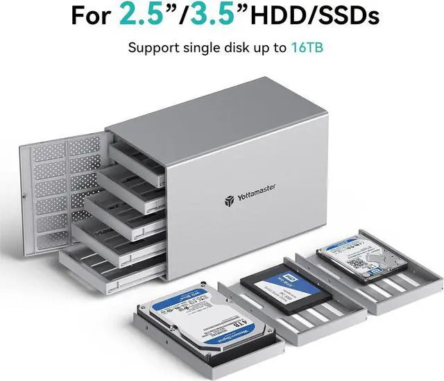 Alt view image 5 of 7 - 5 Bay External Hard Drive Enclosure, Aluminum USB3.0 3.5" HDD Enclosure for 3.5 & 2.5 Inch SATA HDD/SSD, Support 90TB(5x18TB) Direct Attached Storage DAS, Non-RAID [PS500U3]