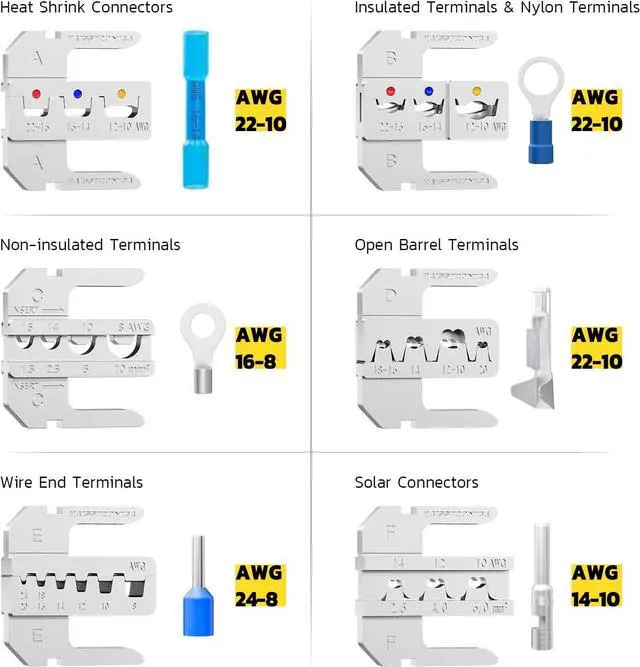 Alt view image 5 of 6 - 8PCS Rapid Replace Ratchet Crimping Tool Set with Pressure Regulating, Automatic Wire Stripper Heat Shrink, Non-Insulated, Open Barrel, Solar, Ferrule Connectors