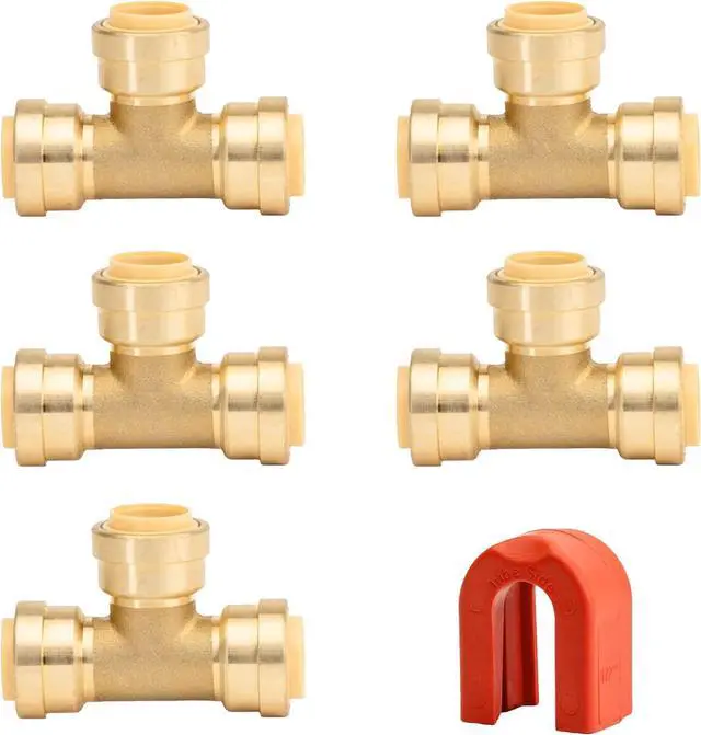 Main image of 1/2 inch Push On Tee Connector | Patented Design for Superior Sealing | Push to Connect Brass Plumbing Pipe Fitting | for Copper, PEX and CPVC | 5-Pack Tees